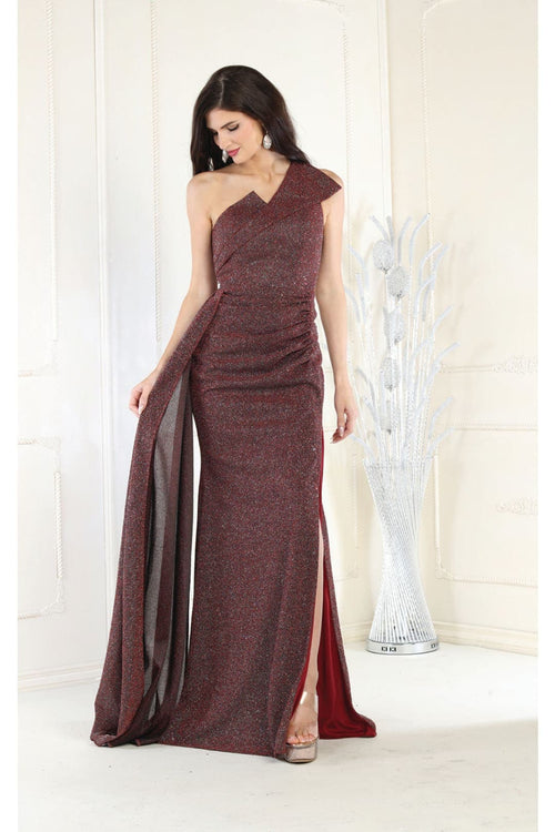 May Queen MQ1976 One Shoulder Prom Gown with Side Cape