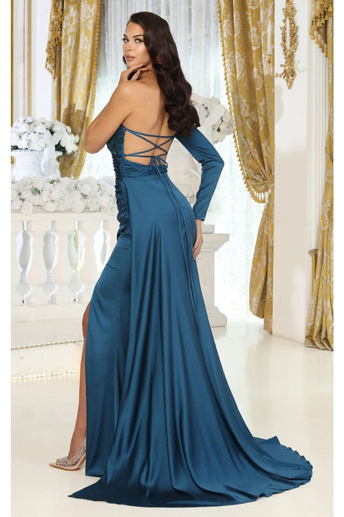 May Queen MQ1985 Satin Strappy Back One Sleeve Prom Evening Gown