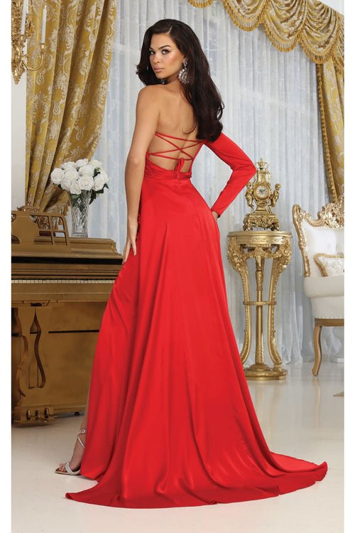 May Queen MQ1985 Satin Strappy Back One Sleeve Prom Evening Gown