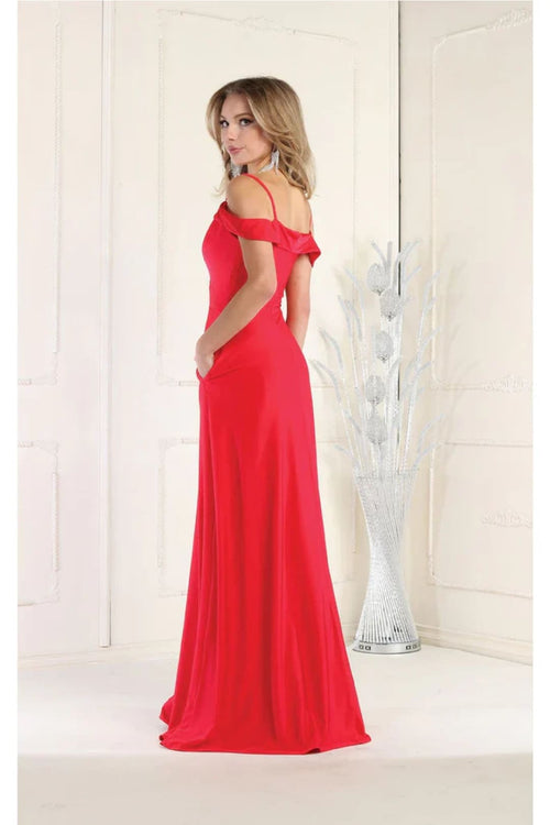 May Queen MQ1988 V-Neck Cold Shoulder Ruched Long A-Line Dress