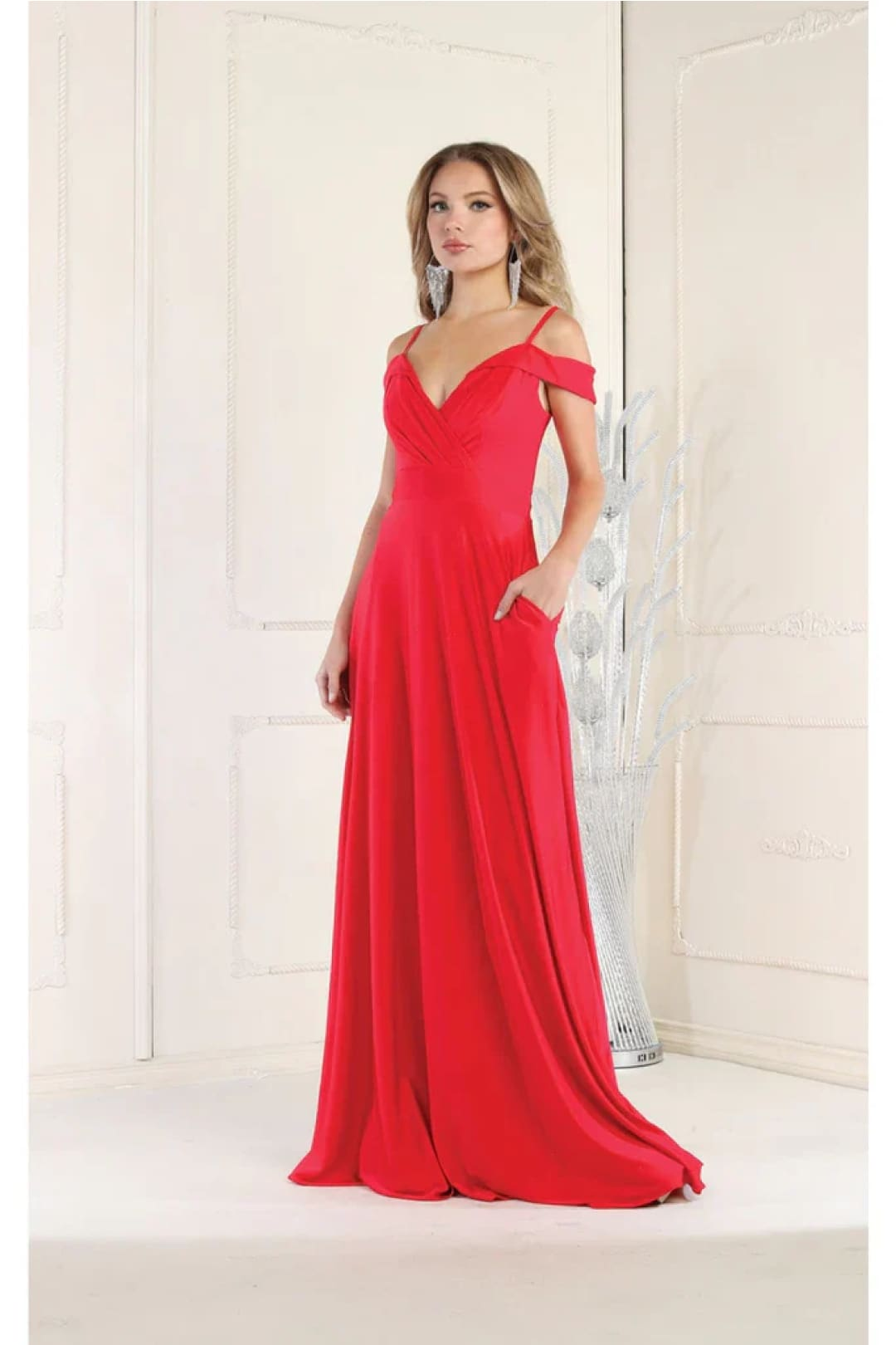 May Queen MQ1988 V-Neck Cold Shoulder Ruched Long A-Line Dress