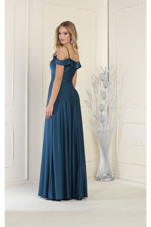 May Queen MQ1988 V-Neck Cold Shoulder Ruched Long A-Line Dress