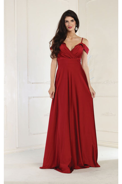 May Queen MQ1988 V-Neck Cold Shoulder Ruched Long A-Line Dress