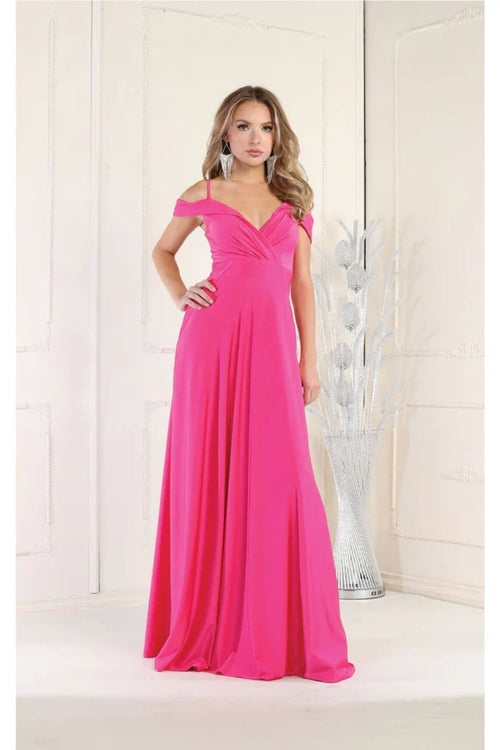 May Queen MQ1988 V-Neck Cold Shoulder Ruched Long A-Line Dress