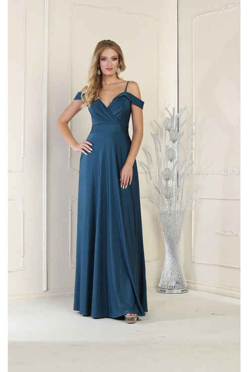 May Queen MQ1988 V-Neck Cold Shoulder Ruched Long A-Line Dress