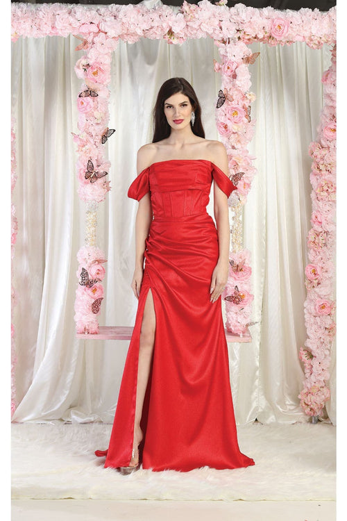 May Queen MQ1998 Corset Bone Ruched Bridesmaids Off Shoulder Dress