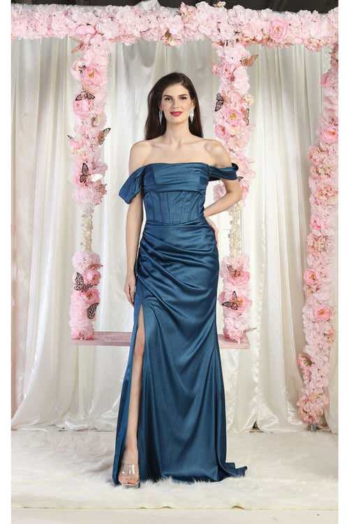 May Queen MQ1998 Corset Bone Ruched Bridesmaids Off Shoulder Dress