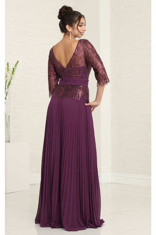 May Queen MQ2007 3/4 Sleeves Rhinestone Beaded Pleated Evening Gown