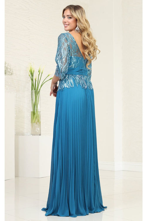 May Queen MQ2007 3/4 Sleeves Rhinestone Beaded Pleated Evening Gown