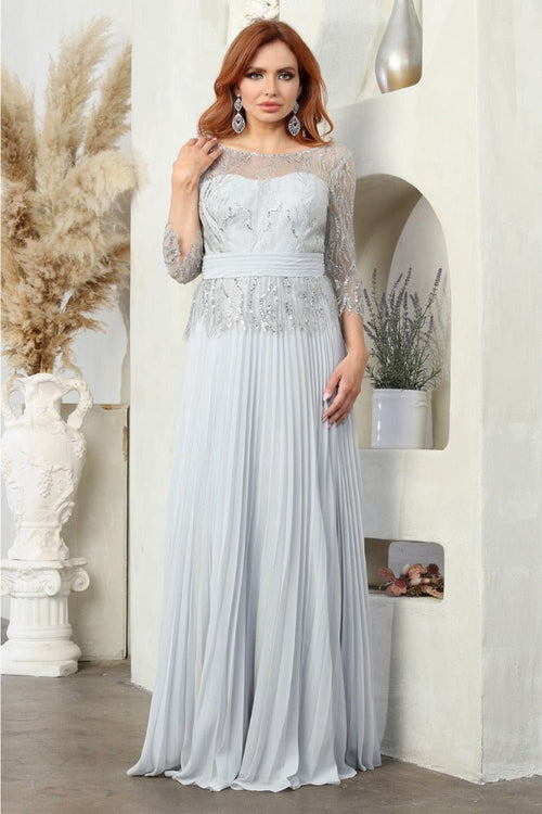 May Queen MQ2007 3/4 Sleeves Rhinestone Beaded Pleated Evening Gown