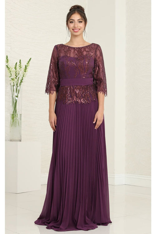 May Queen MQ2007 3/4 Sleeves Rhinestone Beaded Pleated Evening Gown