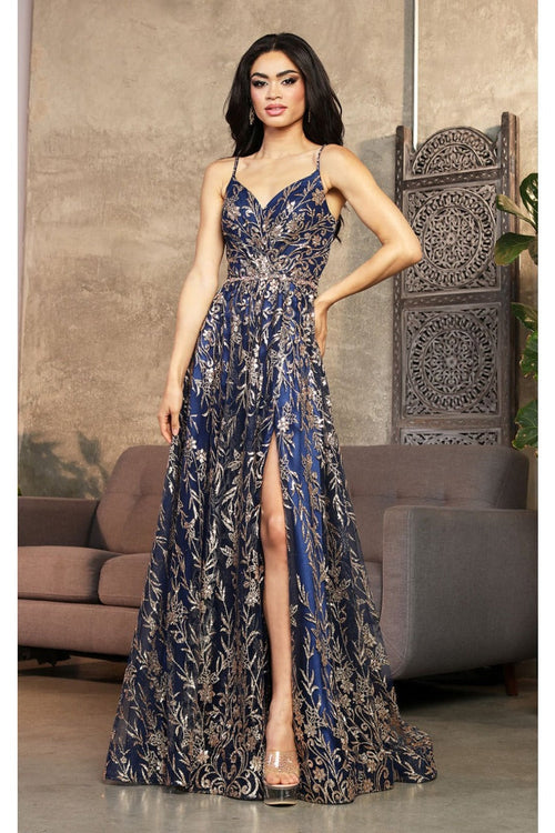 May Queen MQ2017 Floral Glitter Motif Backless Prom Evening Gown