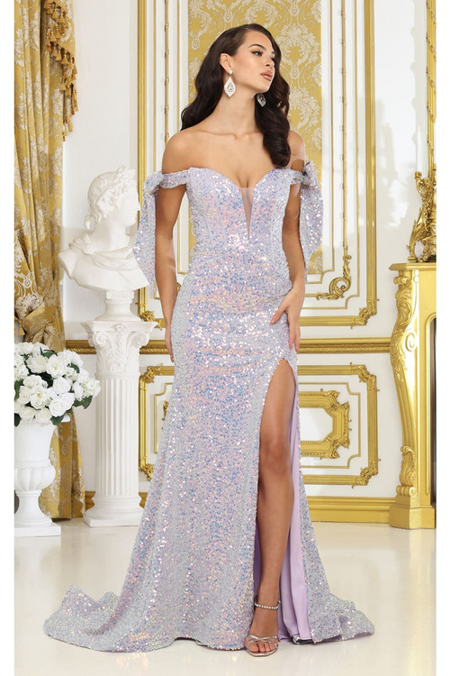 May Queen MQ2023 Bow Off Shoulder Sequin Long Lilac Prom Evening Gown