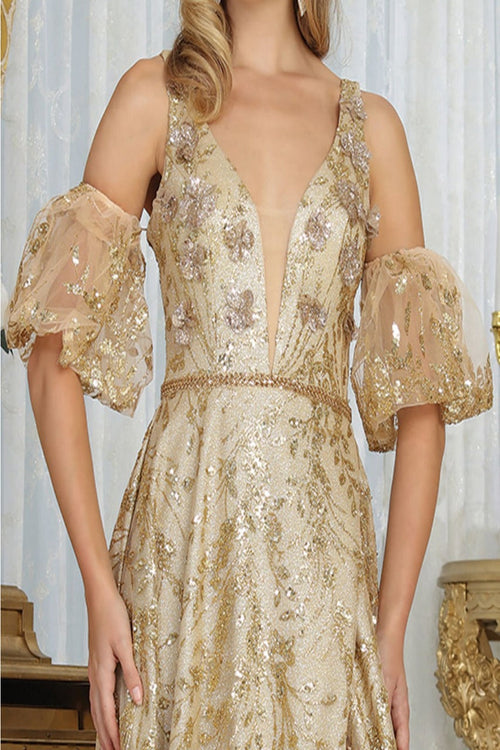 May Queen MQ2038 Floral Applique Glitter High Slit Gala Long Gown
