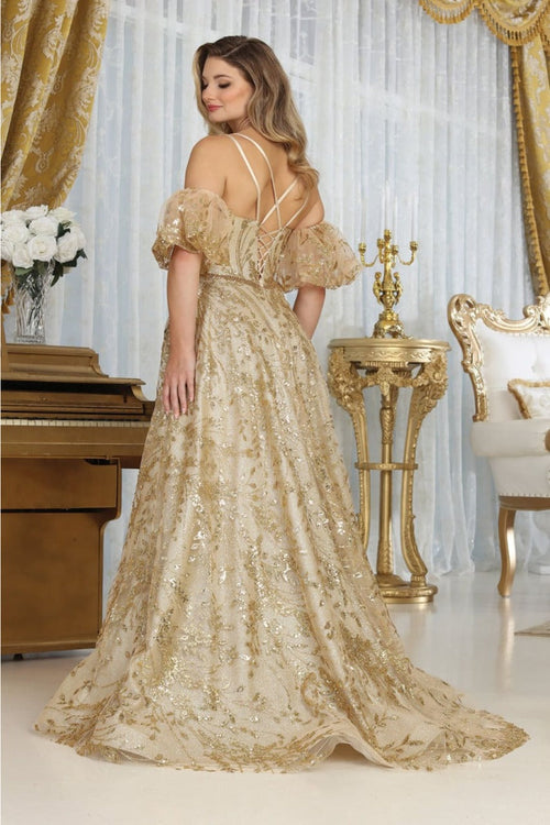 May Queen MQ2038 Floral Applique Glitter High Slit Gala Long Gown