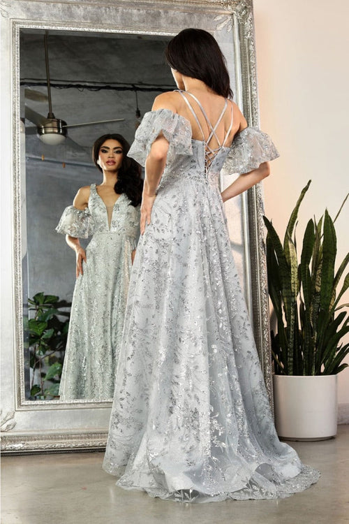 May Queen MQ2038 Floral Applique Glitter High Slit Gala Long Gown