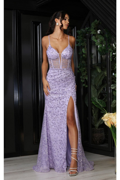 May Queen MQ2054 Spaghetti Strap Gala High Slit Long Dress