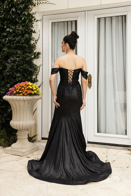 May Queen MQ2104 Draped Sleeves Corset Glitter Red Carpet Gown