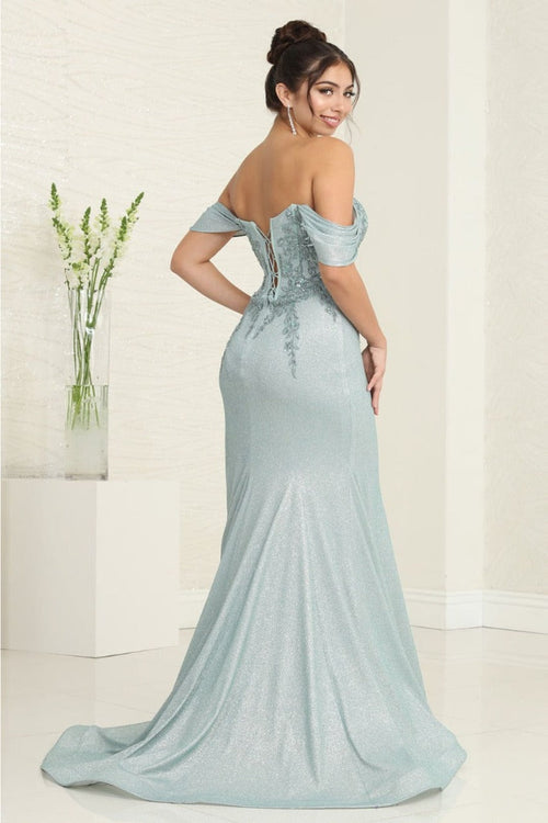 May Queen MQ2104 Draped Sleeves Corset Glitter Red Carpet Gown