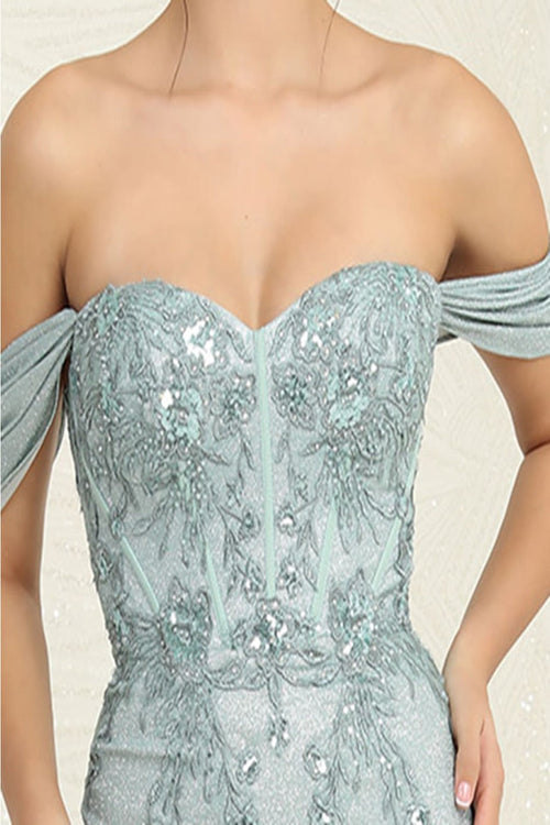 May Queen MQ2104 Draped Sleeves Corset Glitter Red Carpet Gown