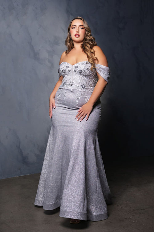 May Queen MQ2104 Draped Sleeves Corset Glitter Red Carpet Gown