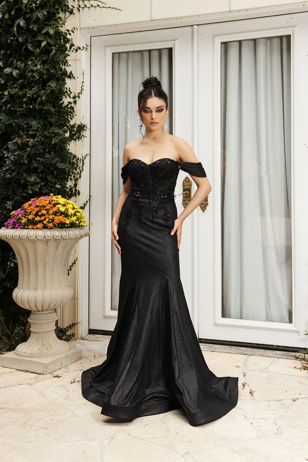 May Queen MQ2104 Draped Sleeves Corset Glitter Red Carpet Gown