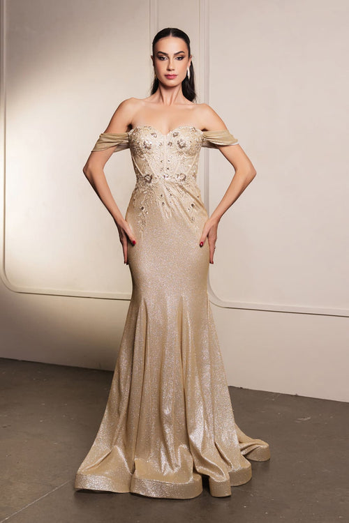 May Queen MQ2104 Draped Sleeves Corset Glitter Red Carpet Gown