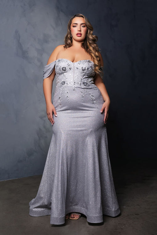 May Queen MQ2104 Draped Sleeves Corset Glitter Red Carpet Gown