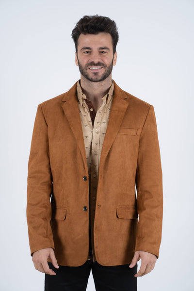 Men’s Camel Faux Suede Double Button Blazer – Stylish Casual Sport Coat