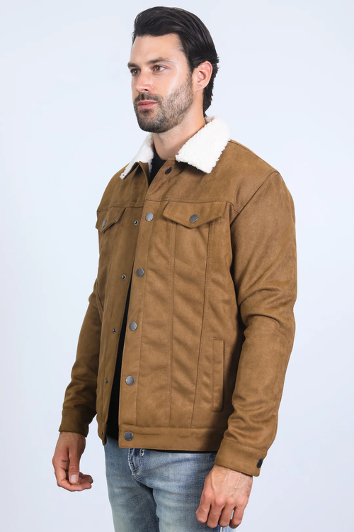 Classic Camel Faux Suede Jacket for Men β Sherpa Lined Warm Winter Style