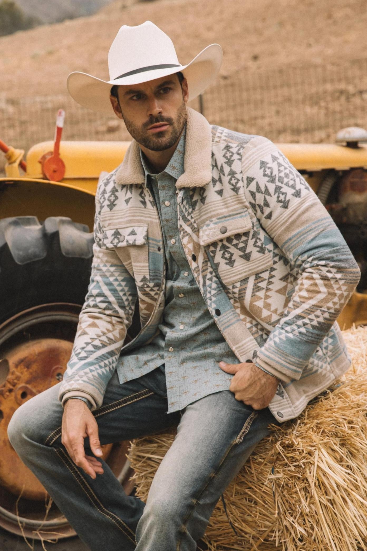 Men’s Aztec Tribal Quilted Twill Jacket – Beige Casual Outerwear