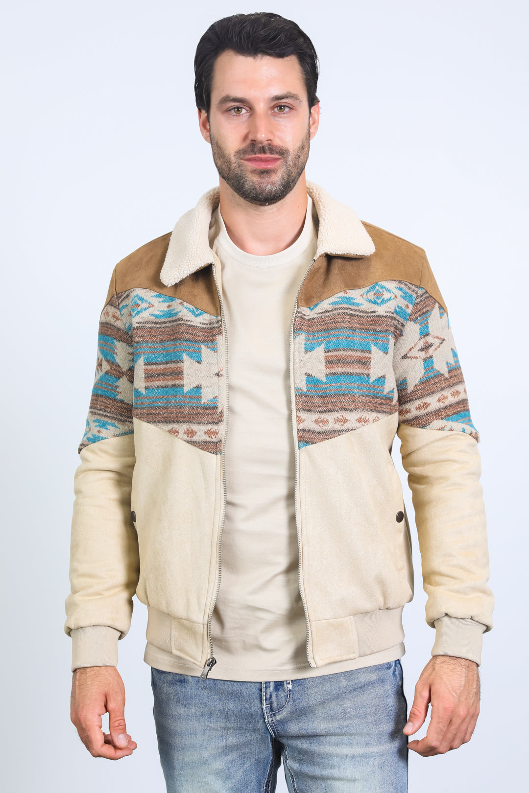 Men’s Western Inspired Aztec Quilted Twill Jacket – Beige with Suede Accents – SuitUSA