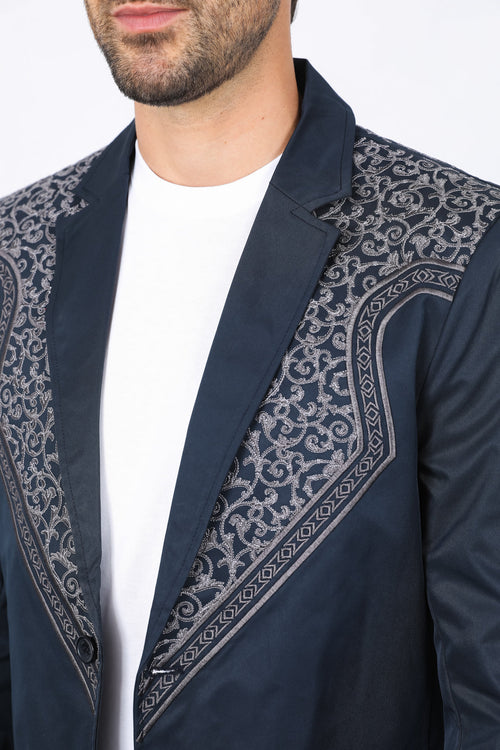 Men’s Navy Fashion Blazer with Embroidery – Smart Casual Dress Jacket