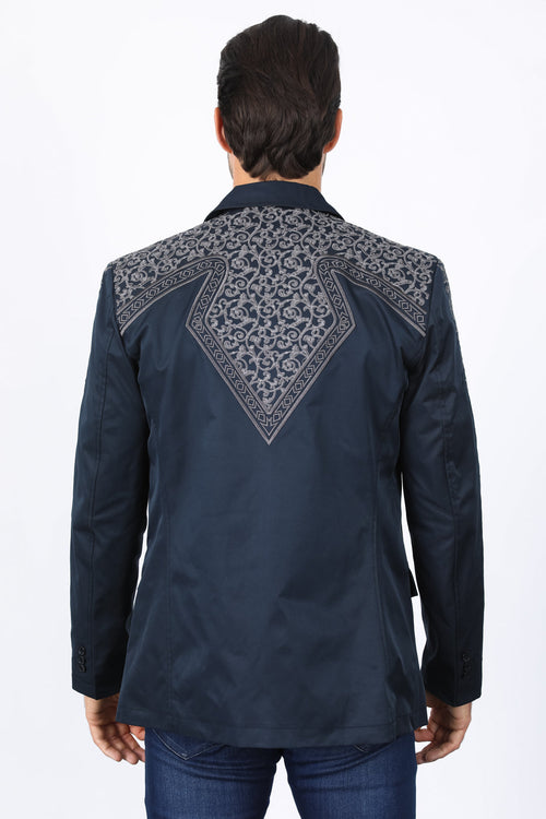 Men’s Navy Fashion Blazer with Embroidery – Smart Casual Dress Jacket