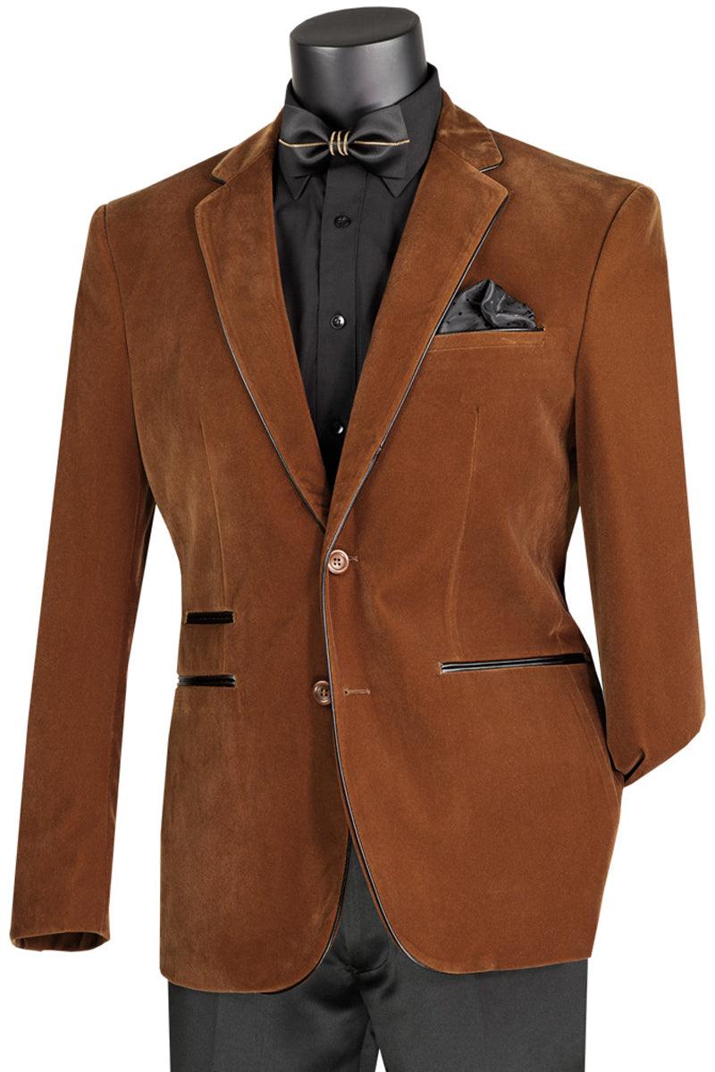 Men's 2-Button Brown Velvet Blazer w/Black Leather Piping by Vinci - USA Men's Outlet – SuitUSA