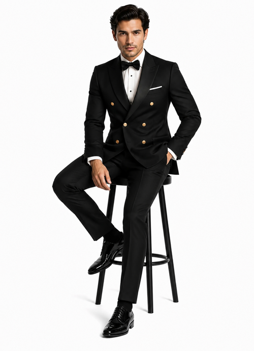 Men’s Black Double-Breasted Tuxedo - Classic Shawl Lapel Suit with Gold Buttons for Weddings, Galas, and Black Tie Events by USA Men's Outlet