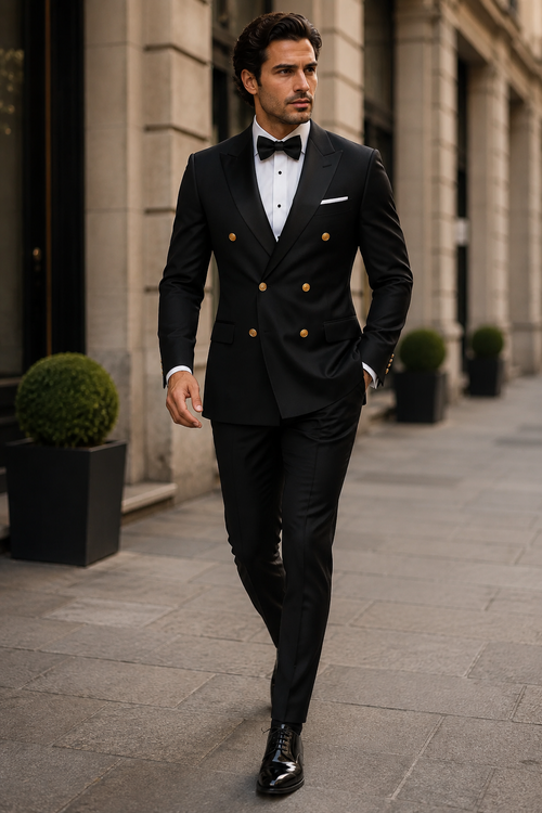 Men’s Black Double-Breasted Tuxedo - Classic Shawl Lapel Suit with Gold Buttons for Weddings, Galas, and Black Tie Events by USA Men's Outlet