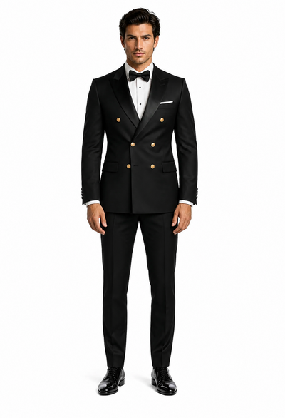 Men’s Black Double-Breasted Tuxedo - Classic Shawl Lapel Suit with Gold Buttons for Weddings, Galas, and Black Tie Events by USA Men's Outlet