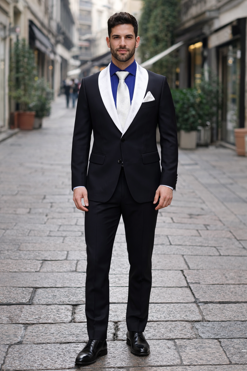 Men’s Black Wedding Suit with White & Sky Blue Shawl Lapel – Classic Modern Fit Tuxedo