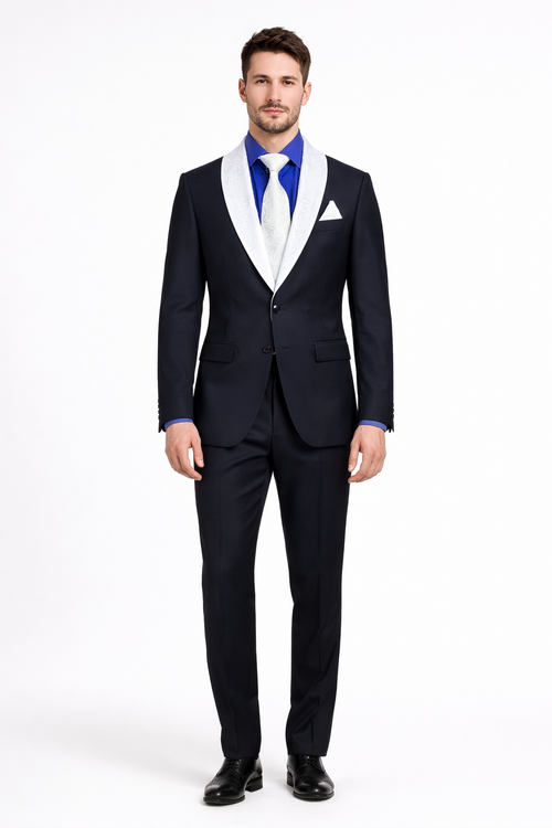 Men’s Black Wedding Suit with White & Sky Blue Shawl Lapel – Classic Modern Fit Tuxedo