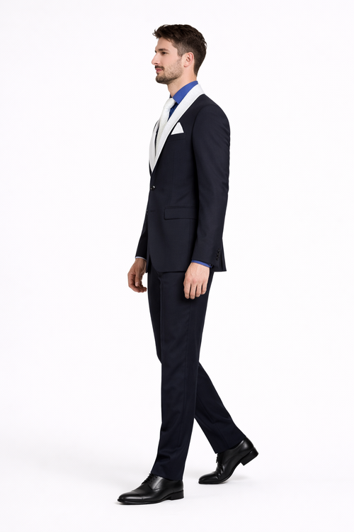 Men’s Black Wedding Suit with White & Sky Blue Shawl Lapel – Classic Modern Fit Tuxedo
