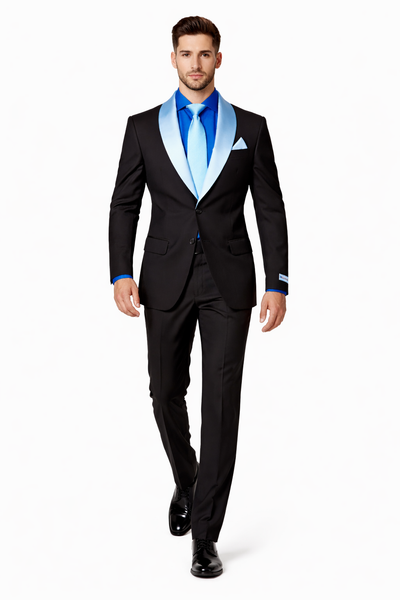 Men’s Black Wedding Suit with White & Sky Blue Shawl Lapel – Classic Modern Fit Tuxedo