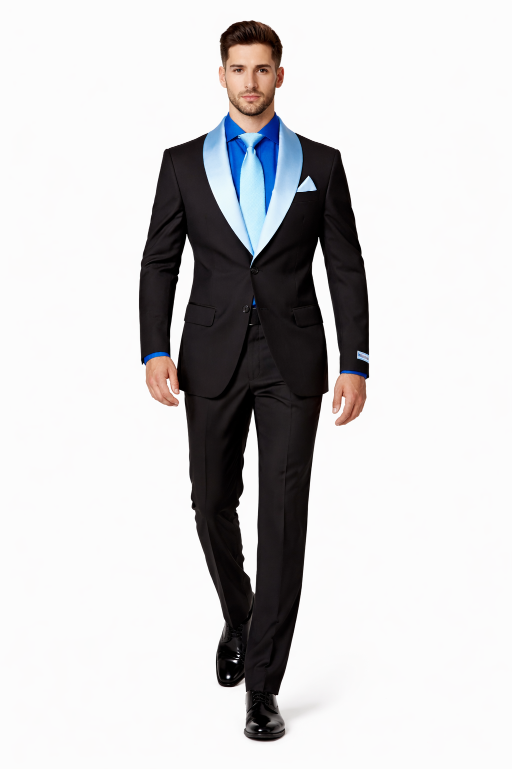 Men’s Black Wedding Suit with White & Sky Blue Shawl Lapel – Classic Modern Fit Tuxedo