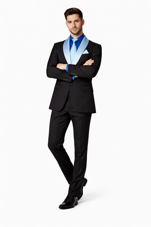 Men’s Black Wedding Suit with White & Sky Blue Shawl Lapel – Classic Modern Fit Tuxedo