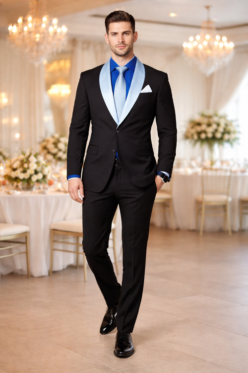 Men’s Black Wedding Suit with White & Sky Blue Shawl Lapel – Classic Modern Fit Tuxedo