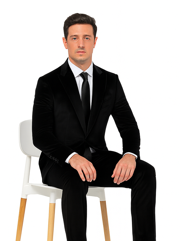 Tazzio Men’s Black Velvet Formal Suit – Slim Fit Peak Lapel Tuxedo 2-Piece