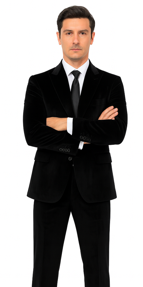 Tazzio Men’s Black Velvet Formal Suit – Slim Fit Peak Lapel Tuxedo 2-Piece