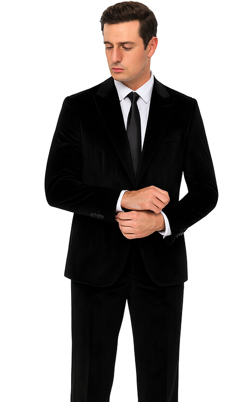 Tazzio Men’s Black Velvet Formal Suit – Slim Fit Peak Lapel Tuxedo 2-Piece