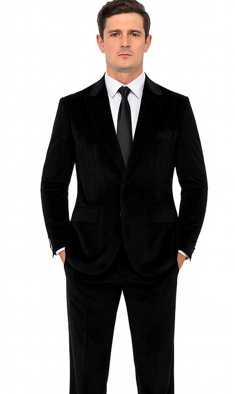 Tazzio Men’s Black Velvet Formal Suit – Slim Fit Peak Lapel Tuxedo 2-Piece