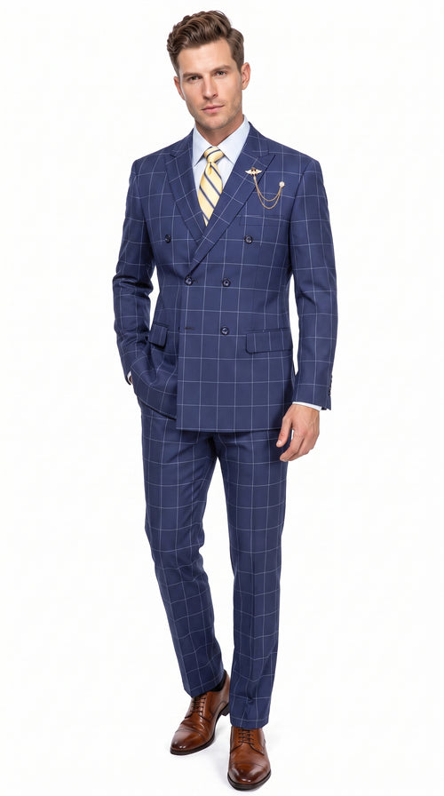 Mens Blue Plaid Double-Breasted Suit β Side-Vented Wedding, Business and Formal Suit
